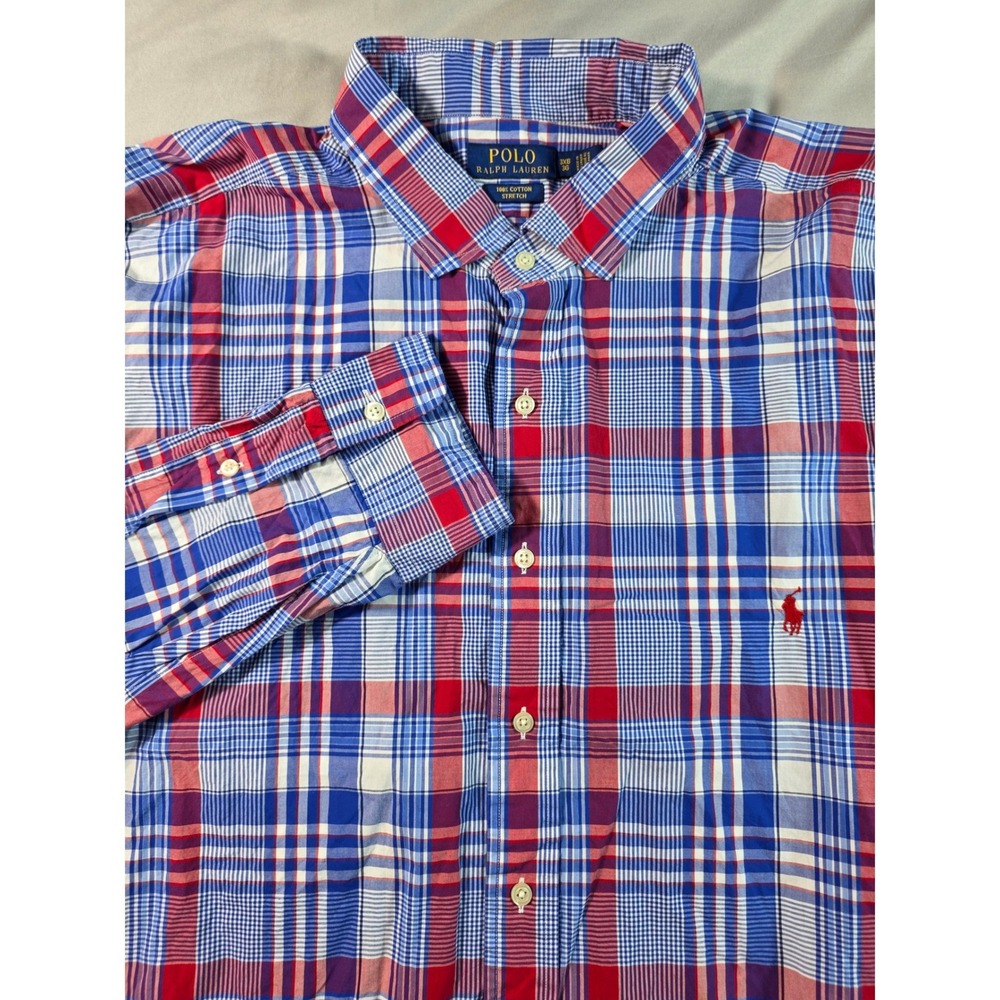 Polo Ralph Lauren Button Up Men 3XB Blue Red Plaid Cotton Stretch Pony Logo